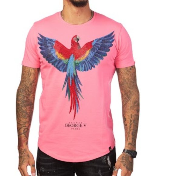 Avenue George V Paris Men's Pink T-Shirt Parrot Flying bird Rhinestone Large - Picture 1 of 4